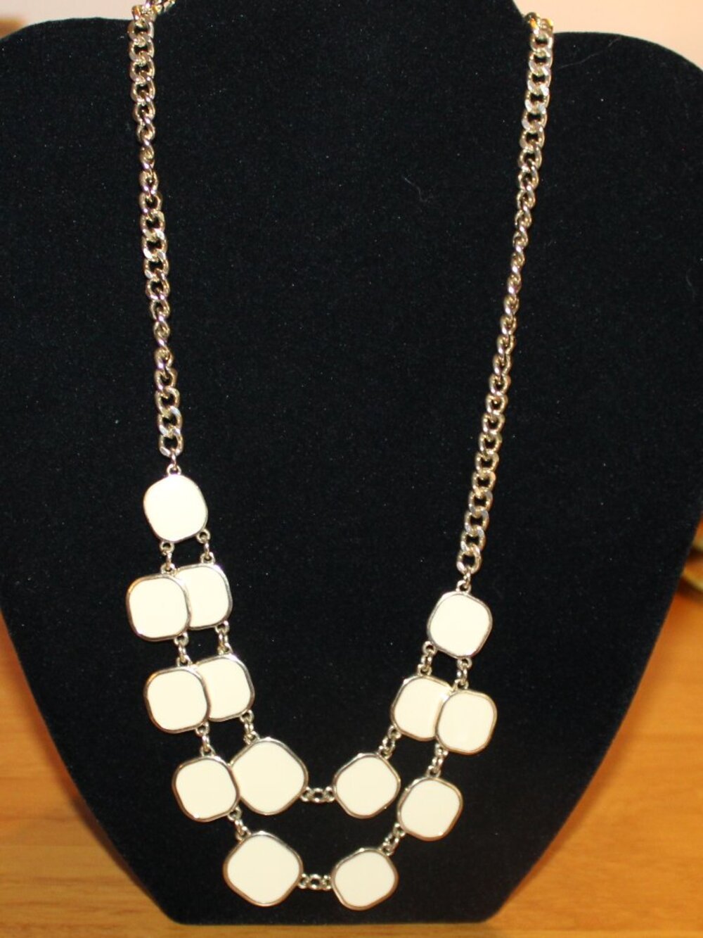 Cream Gold Geometric Tile Bib Necklace 18 Inch Chunky Boho Costume Jewelry
